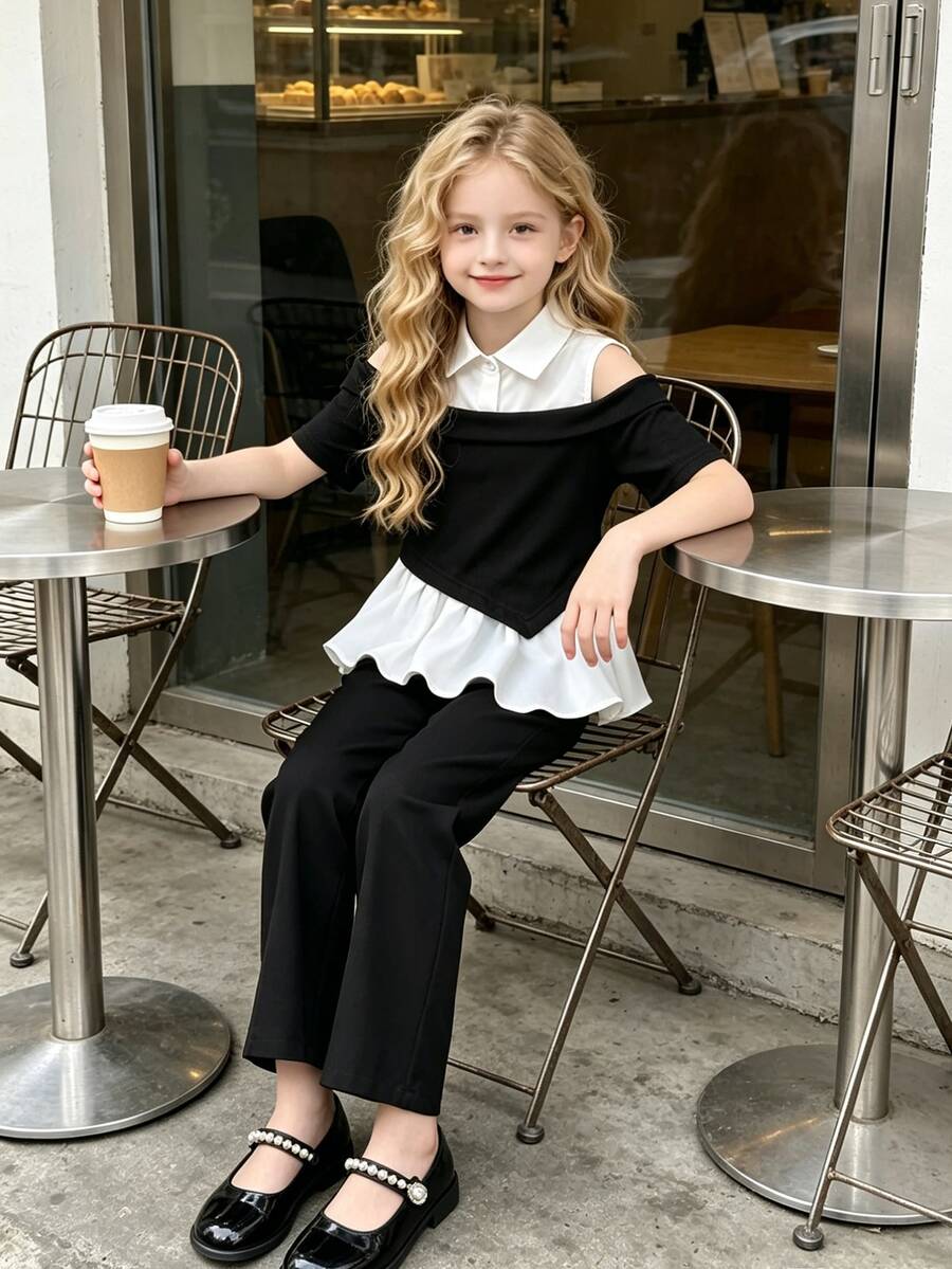 Left Mama Girls Casual Off-Shoulder Patchwork Short Sleeve Top And Straight Pants Set, Versatile For Daily Wear, Summer - Black - View 1