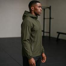 Men's Waterproof Windbreaker With Removable Hood Black Sports Jacket For Gym Or Running - 軍綠色 - 查看 4