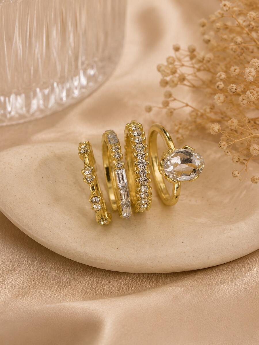 GARMEND 1 Set Of 4 Minimalist Layered Ring Set - Sparkling Cubic Zirconia, Suitable For Daily Wear And Parties - Four-piece Set - View 1