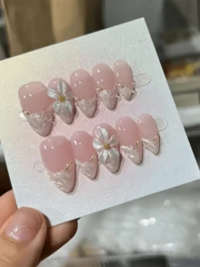 10pcs Handmade Almond-Shaped Gold Line Magic Mirror Powder 3D Flower Minimalist Fashion Detachable Wearable High-End Fake Nails - Multicolor - View 2