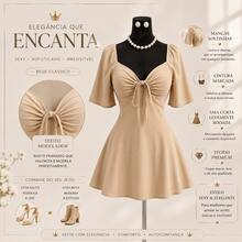 Plus Size Short Princess Dress, Loose Fit, With Gathered Neckline And Short Sleeves, Elegant, Sizes 46 To 56 - Beige - View 10