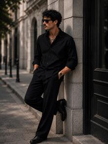 Lino, Transpirable & Ligero, Diseño de Cuello con Botones, Camisa de Lino para Hombre - Negro - Ver 2