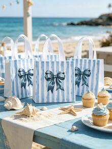 6pcs Ocean Theme Bow Gift Bags, Blue Bow Paper Gift Bags, Women's Birthday Christmas Party Favor Candy Bags With Handles, Suitable For Beach Party Decoration, Hawaiian Party Decoration, Summer Decoration (Blue, Large Bow) - Multicolor - View 2