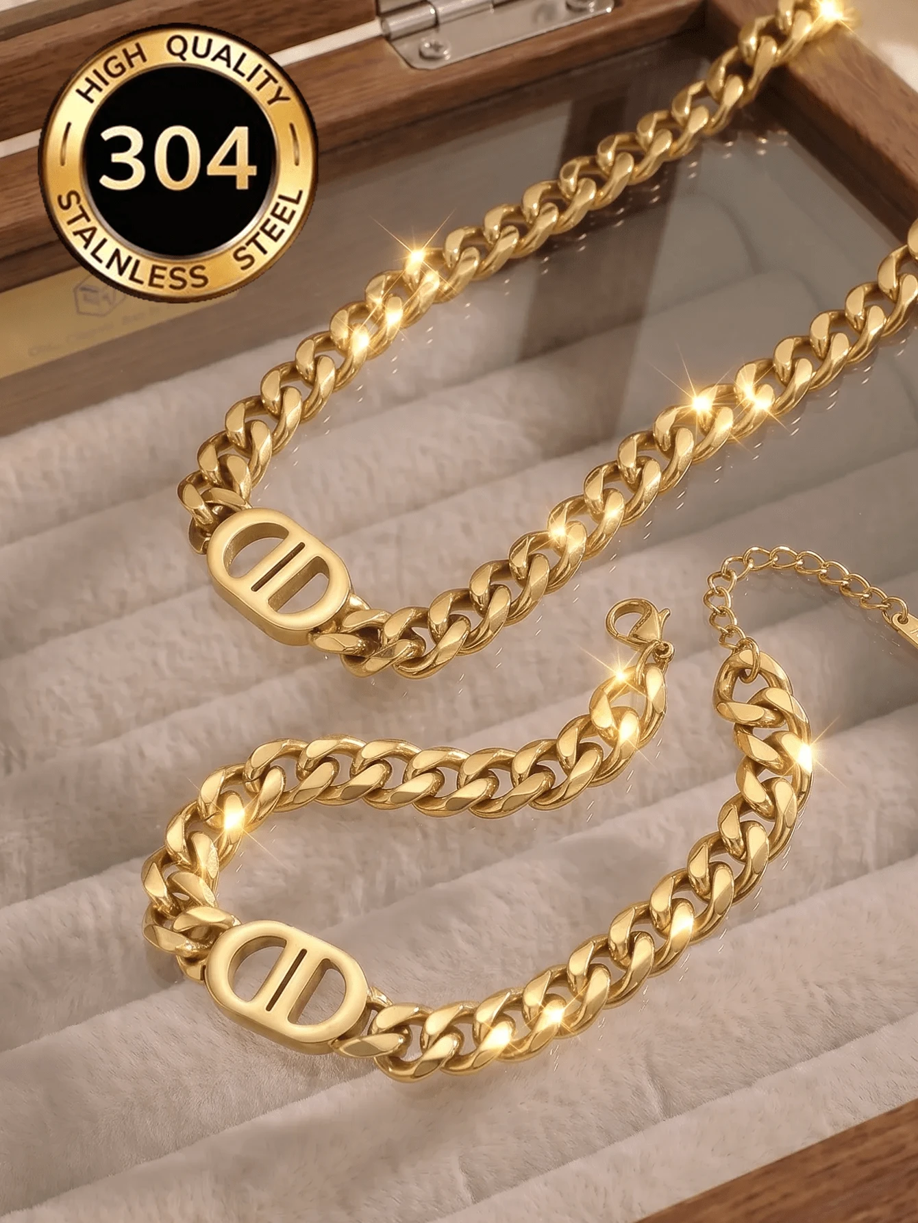 2 piezas/1 pieza Collar y pulsera de cadena de acero inoxidable para mujeres, minimalista elegante de alta gama neutral para fiestas & decorativo para vacaciones - Amarillo Oro - Ver 1