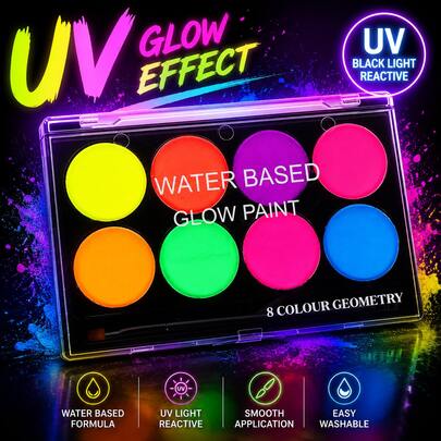 Ensemble de peinture aquarelle fluorescente UV 8 couleurs, pigments de peinture phosphorescents, à base d'eau, facile à nettoyer, ensemble de peinture artistique créative DIY avec pinceaux gratuits, convient pour les graffitis dessinés à la main et la création artistique créative