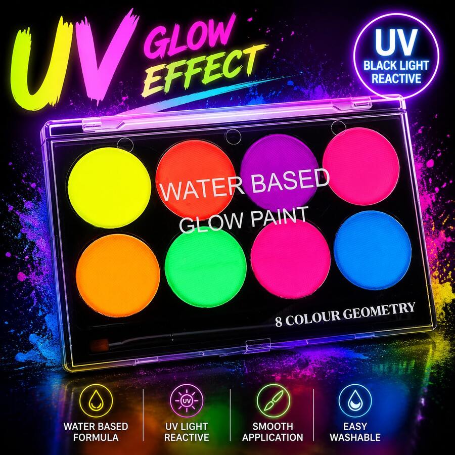 8 Colors UV Fluorescent Watercolor Paint Set, Glow-In-The-Dark Painting Pigments, Water-Based , Easy To Clean, Creative Art DIY Painting Set With Free Brushes, Suitable For Hand-Drawn Graffiti And Creative Art Creation - Sets - View 1