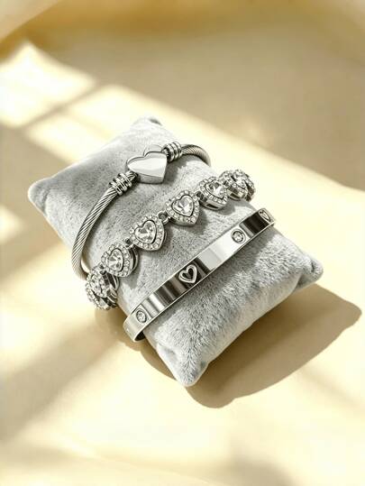 Set de 3 piezas de pulsera de acero inoxidable con corazón, pulsera de circonita cúbica con corazón, joyería de moda pulsera adecuada para uso diario de mujeres y como regalo