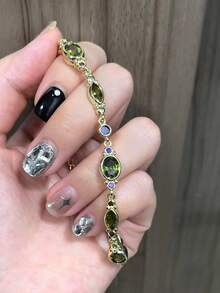 1件綠色水晶鋯石手鍊，奢華小眾高端個性化復古女款手鐲 - 綠色 - 查看 5