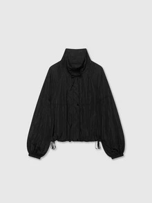 Langarm Stehkragen Plissee Nylon Jacke Mantel Schwarz - Schwarz - Übersicht 1