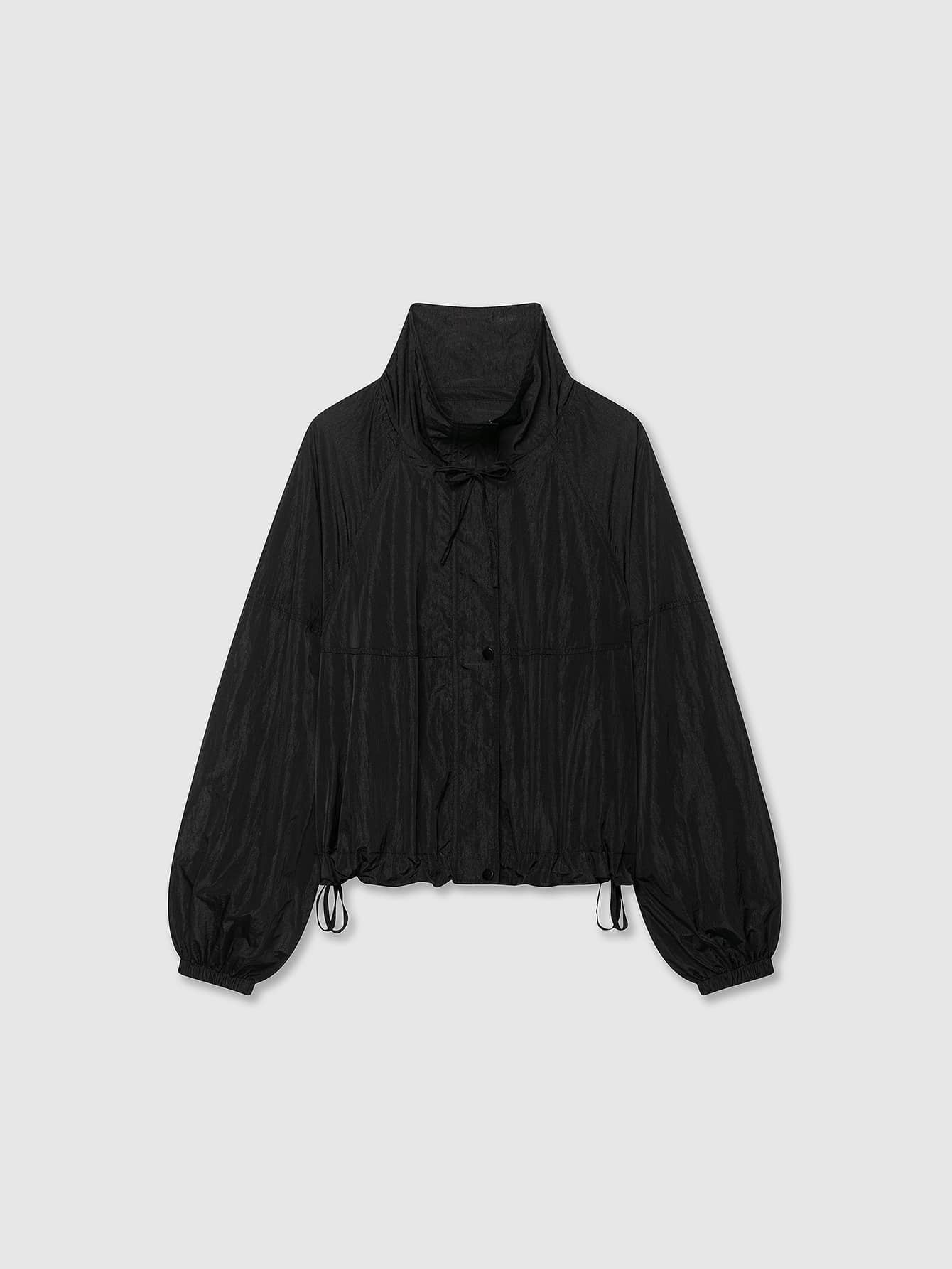 Langarm Stehkragen Plissee Nylon Jacke Mantel Schwarz - Schwarz - Übersicht 1