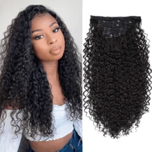 140g Synthetic Deep Brown Clip-In Hair Extensions, Jerry Curl Texture, Suitable For Hair Wefts (1B# 24 Inch) (7pcs Set) - Black - View 12