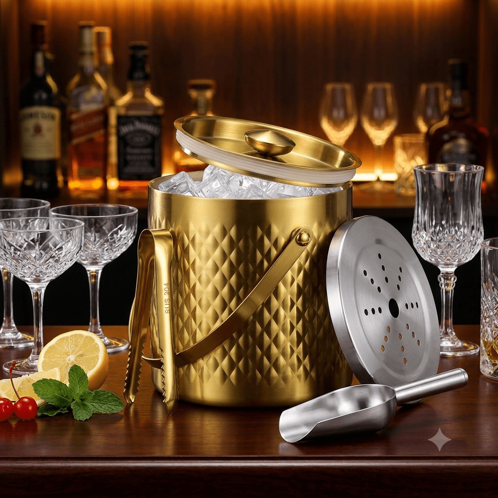 Stainless Steel Double-Wall Ice Bucket, 3L Insulated Beverage Cooler With Lid & Scoop, For Champagne, Wine, Beer, Soda
