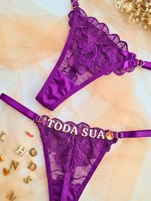 Calcinha Fio Tanga Sensual Frases e Nomes Personalizados Tule Bordado Regulagem Estilosa Divertida G - Roxo - Visão 3
