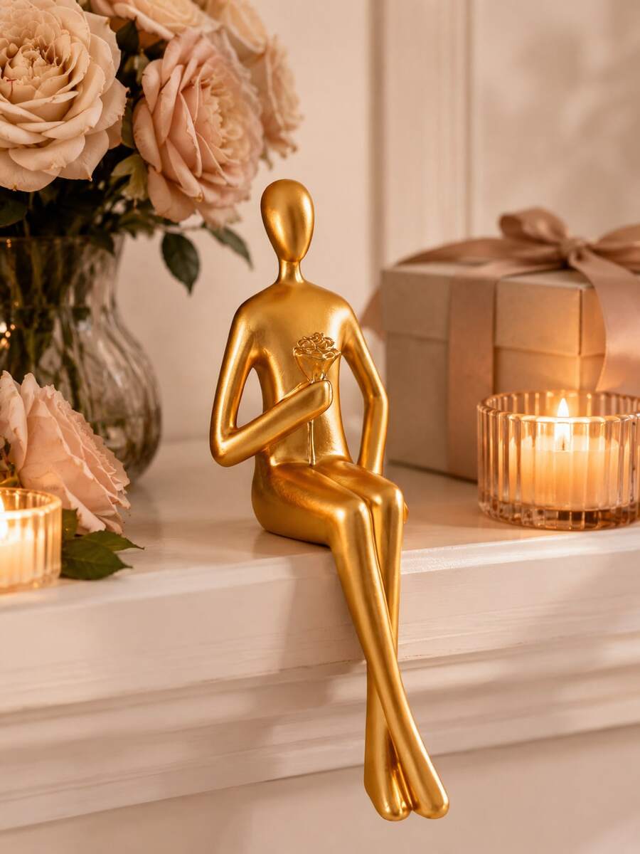Abstrakte Figur Statue - Goldene Harz moderne Dekoration, sitzende Pose, Hochzeitsgeschenk, Heim-Büro TV-Schrank Bücherregal Dekoration, keine Elektrizität erforderlich, Heimdekoration Statue, Heimdekoration Sammlerstatue (kleine Größe, bitte vor dem Kauf sorgfältig überlegen) - A - View 1