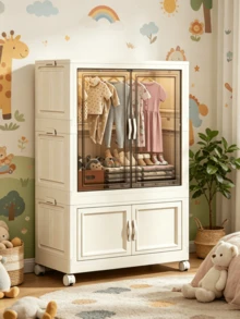 1 pieza Armario plegable para almacenamiento de ropa con puertas transparentes, armario portátil de varias capas con ruedas, estantería de almacenamiento apilable, adecuado para ropa, juguetes y zapatos, fácil de montar, estantería de almacenamiento de ropa - Especificaciones múltiples - View 5