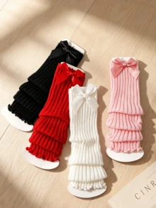 4 Pairs Girls Satin Big Bow Ribbed Ruffle Leg Warmers, Elastic Knit Leg Covers, Soft Skin-Friendly Princess Dress Accessories, Versatile Daily Holiday Party Baby Decorative Leg Warmers - Multicolor - View 4