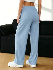 Women's Single Piece Soft Comfortable Ribbed Elastic Waistband With Pockets Faux Drawstring Design Low Waist Straight Leg Pants, Early Autumn Style Suitable For Outdoor Casual Daily Commute Home Slouchy Street Wear - Sky Blue - View 2