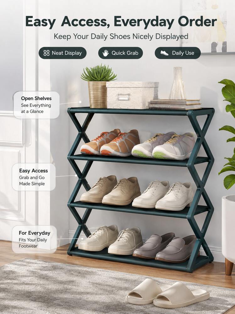 1pc Back To School Dorm Essentials Modern Minimalist Shoe Rack, Solid Color X-Shaped Side Frame Open Metal Storage Shelf, Space-Saving 4-Tier Shoe Organizer, Suitable For College Dorm, Entryway And Bedroom - Multicolor - View 10