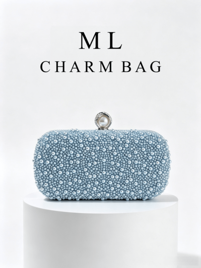 1pc Elegant Blue Full Pearl & Rhinestone Clutch Evening Bag