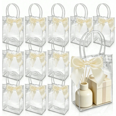 20pcs Transparent Plastic Gift Bags With Decorative Bows, Reusable PP Material With Handles And Bows, Suitable For Weddings, Bridal Showers, Birthday Parties, Gender Reveal Parties, Small Businesses And Other Occasions, Mother's Day (Ivory)