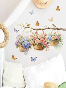 1pc Watercolor Style Branch Flower Basket Bird & Butterfly Hydrangea & Rose Floral Wall Decor Sticker, Removable Wall Decal For Bedroom, Living Room, Entryway - 1PC - View 4
