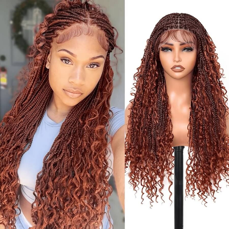 Glueless Box Braided Wigs Suitable For With Hair & Double Full Lace Front - Hair Blended Wig, No Glue Application For Braids - Red - View 1