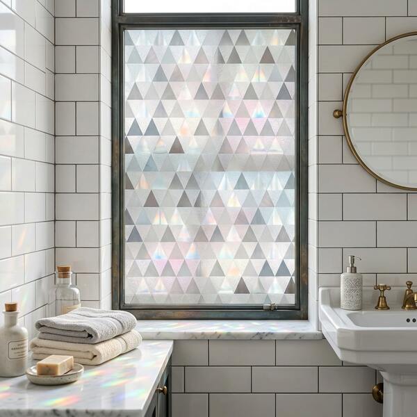 1 Roll 44.5cm Wide Glue-Free Static Cling Window Film, Geometric Frosted Privacy Glass Door Sticker, Translucent Anti-Peep, Sunlight Refraction Rainbow Effect, Office/School/Home/Bathroom/Bedroom/Vanity Anti-Peep Window Film