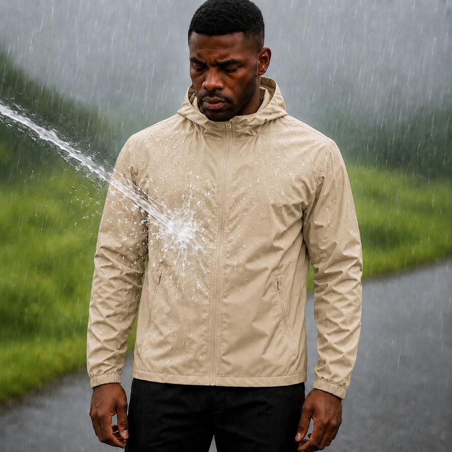 Men's Waterproof Windbreaker With Removable Hood Black Sports Jacket For Gym Or Running - 米色 - 查看 1