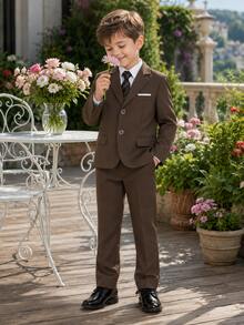 Young Boy Suit Set, Young Boy Piano Performance Outfit, Wedding Flower Boy Dress, 3-Piece Set: Suit Jacket + Pants + Tie - Brown - View 6
