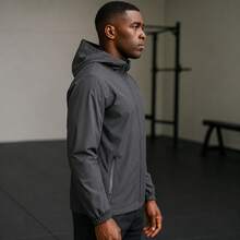Men's Waterproof Windbreaker With Removable Hood Black Sports Jacket For Gym Or Running - 灰色 - 查看 4