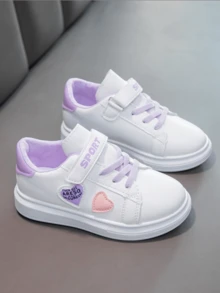 Girls' Heart Design White Sneakers, Spring/Autumn New Purple & Pink Color Block Hook & Loop Strap Board Shoes, Soft Sole Non-Slip Casual Sports Shoes For School - Mauve Purple - View 3