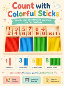 Juguete de aprendizaje de matemáticas de madera, bloques de números, palitos de conteo, bandeja de clasificación, juego interactivo para padres e hijos - Multicolor - Ver 5