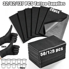 32/62/137pcs Tattoo Supplies Set, Disposable Tattoo Table Mats (Black/Pink/Blue), Ink Color Cups, Tattoo Gloves, 3-Layer Waterproof Art Table Mats, Multiple Specifications Combination, Suitable For Nail Art, Tattooing, Tattoo Machine Accessories - Multicolor - View 2