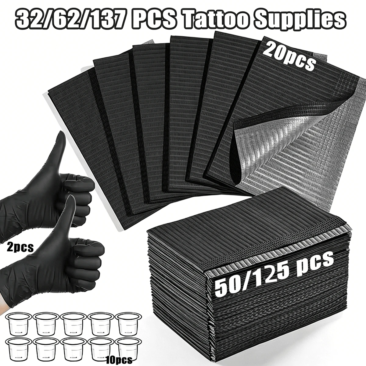 32/62/137pcs Tattoo Supplies Set, Disposable Tattoo Table Mats (Black/Pink/Blue), Ink Color Cups, Tattoo Gloves, 3-Layer Waterproof Art Table Mats, Multiple Specifications Combination, Suitable For Nail Art, Tattooing, Tattoo Machine Accessories
