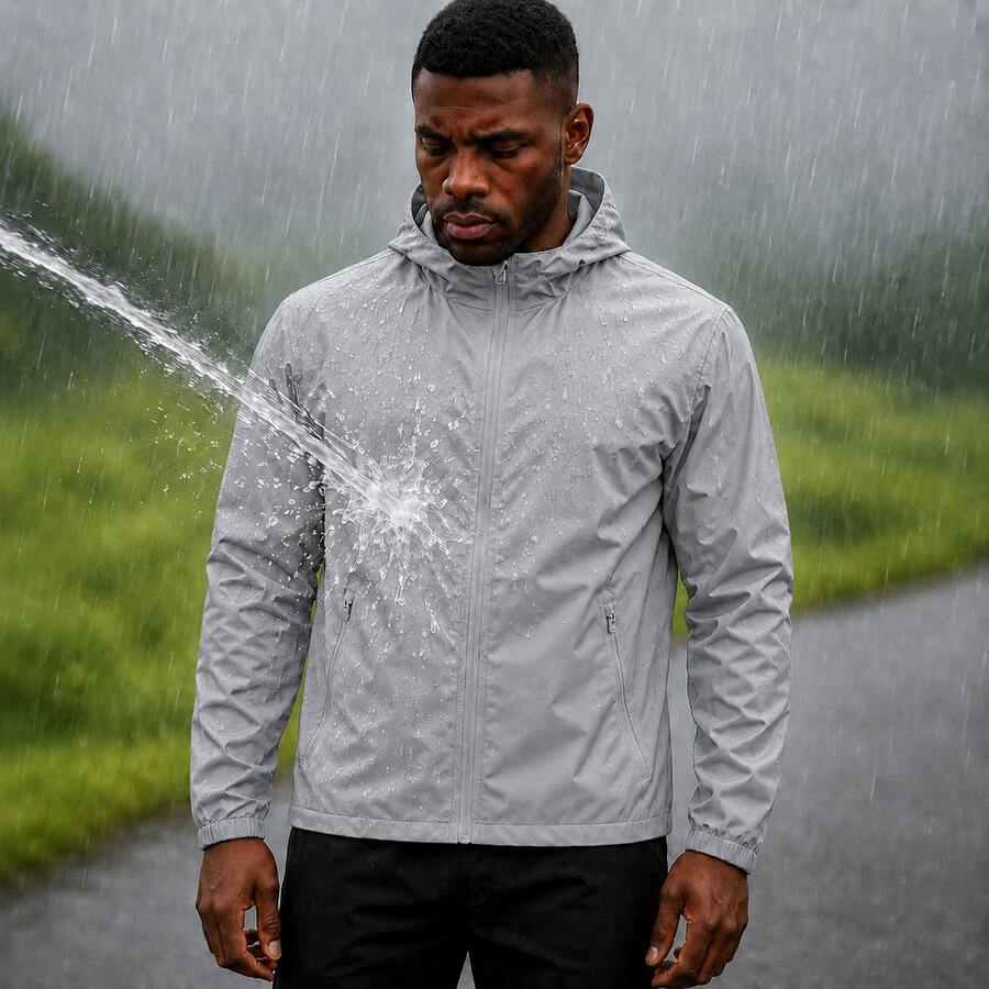 Men's Waterproof Windbreaker With Removable Hood Black Sports Jacket For Gym Or Running - 淺灰色 - 查看 1