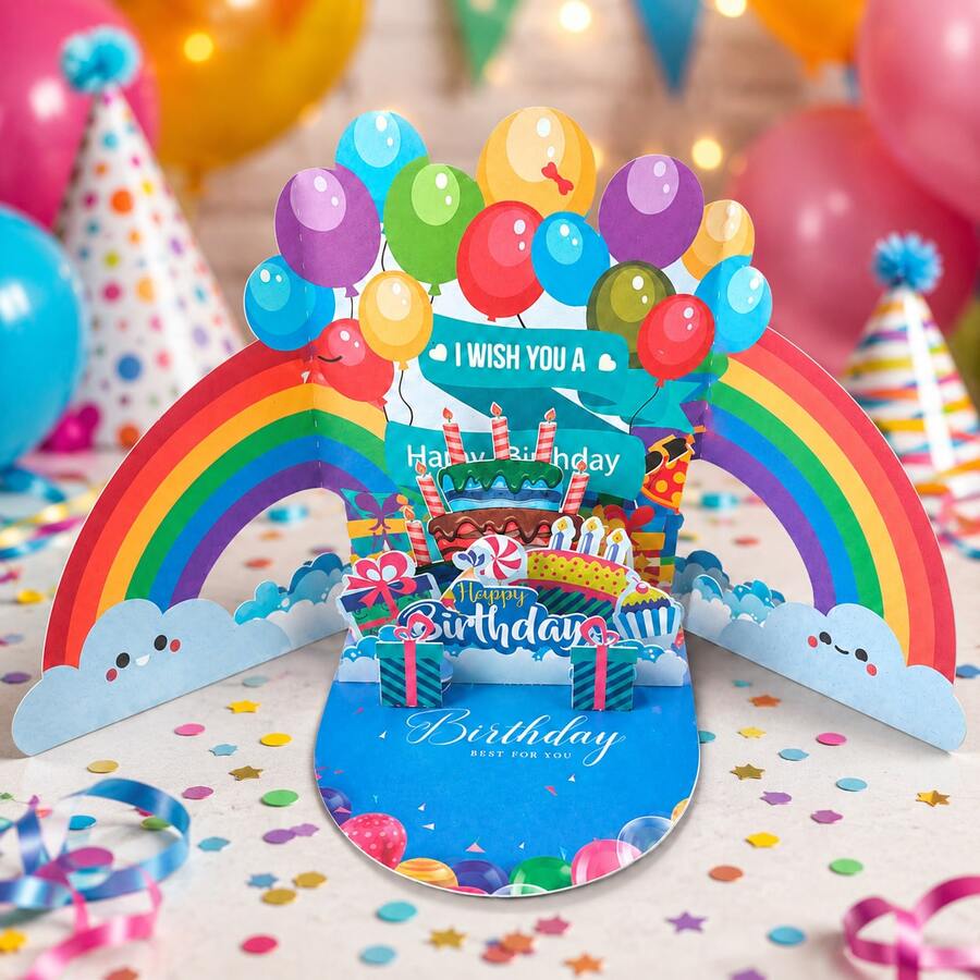 3D彩虹生日祝福卡,附彩色氣球與蛋糕圖案,創意立體彈出祝福卡,可愛卡通嬰兒生日禮物卡附配套信封,適合送給朋友與家人的中性生日手寫訊息卡,生日派對禮物信封祝福卡 - 多款式 - 查看 1