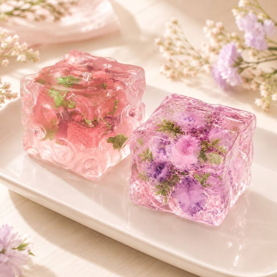 透明桃色葡萄花方塊派對小禮品，果凍感冰塊造型裝飾擺件，適合生日派對回禮、禮品袋填充物、桌面裝飾與拍照道具