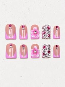 10 Peças Unhas Postiças Feitas à Mão Kit de Unhas Verão Y2K, Unhas Postiças Quadradas Curtas Acrílicas Falsas, Ponta Francesa Rosa Flor 3D Strass Arte de Unhas, Unhas Kawaii Brilhantes Postiças para Festa e Férias - Multicolorido - Visão 2