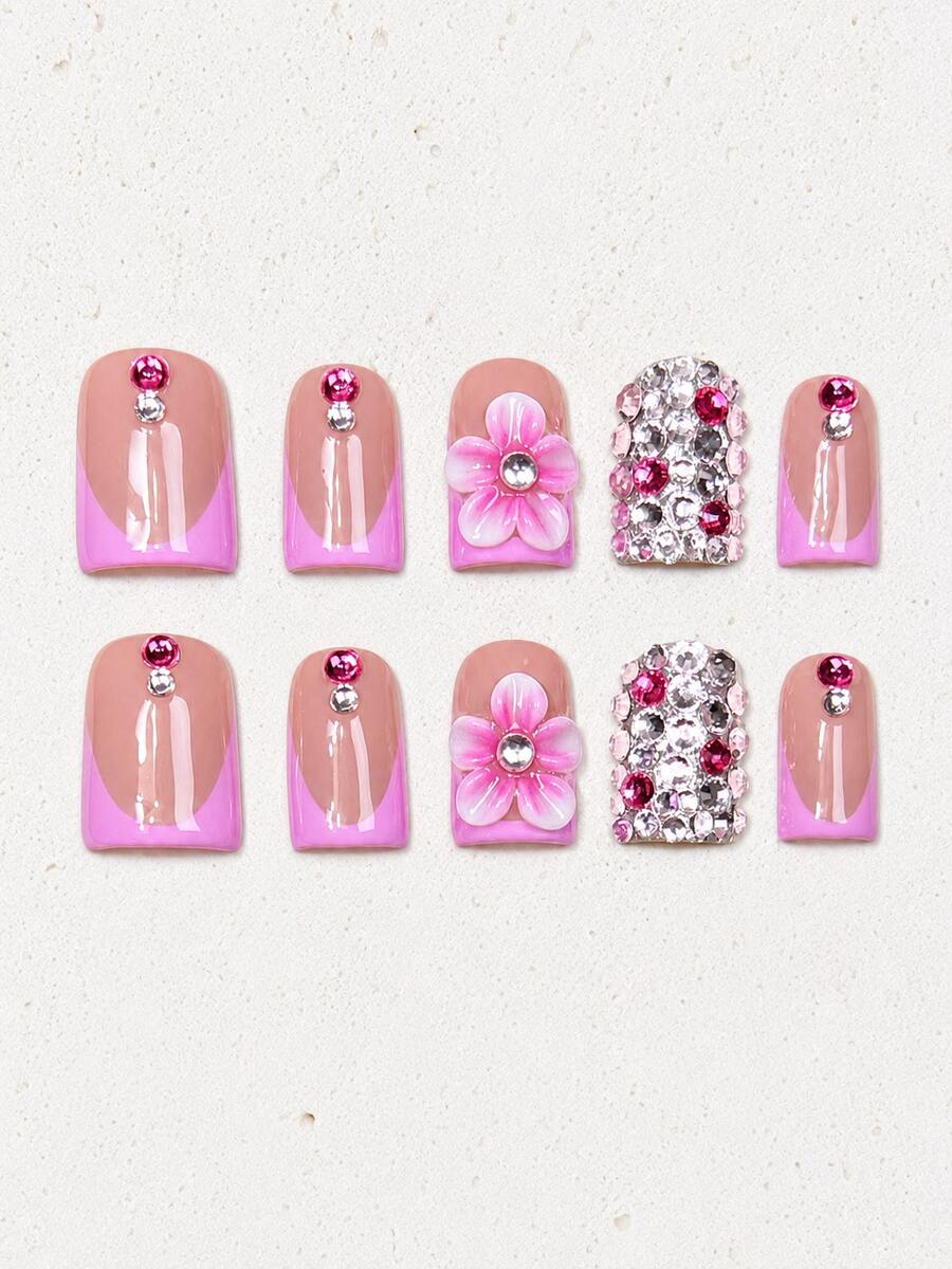 10 Peças Unhas Postiças Feitas à Mão Kit de Unhas Verão Y2K, Unhas Postiças Quadradas Curtas Acrílicas Falsas, Ponta Francesa Rosa Flor 3D Strass Arte de Unhas, Unhas Kawaii Brilhantes Postiças para Festa e Férias