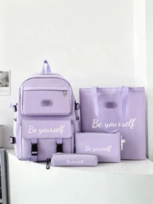 4pcs Customizable Backpack, Tote Bag, Clutch, Pencil Case, Shoulder Bag, Minimalist Large Capacity Multi-Pocket, Customizable Name, DIY Gift, Suitable For Back To School And Graduation Season, Neutral Travel Essential, Aesthetic Style - Purple - View 4