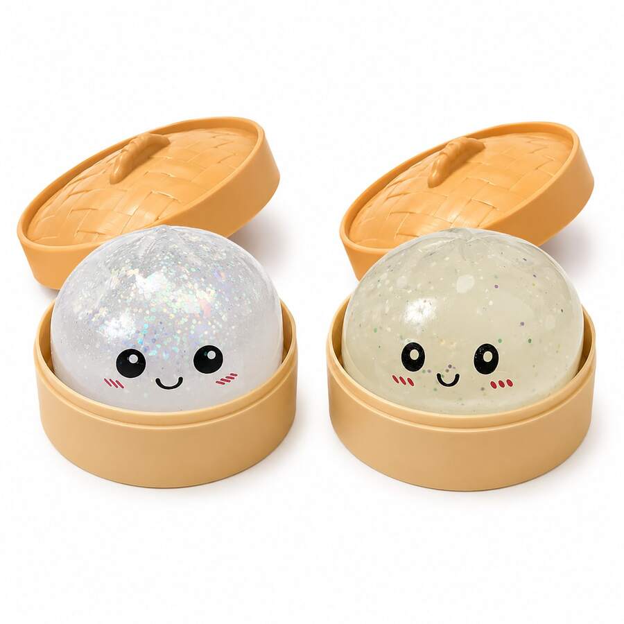 Dumpling Squishy Gitter 2Pcs Transparent Sparkle Dumpling Squishy Toy With Steamer Box, Slow Rising Stress Relief Squeeze Fidget, Sensory Calming Toy For Adults Kids - 2 pcs A - 查看 1