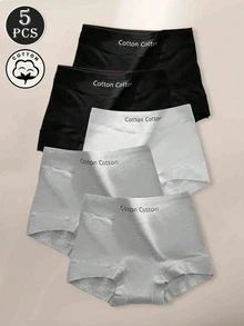 5pcs/Pack Minimalist Solid Color High Waist Women's Panties With Letter Print, Comfortable Sports Bodycon Tummy Control Butt-Lifting Boxer Briefs, Multi-Color - Multicolor - View 2