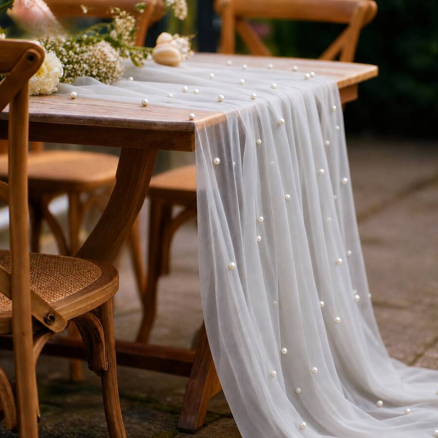 Multiple Colors Available Pearl Tulle Table Runner, Elegant Sheer Mesh Table Decor For Wedding, Party, Bridal Shower & Romantic Dining Setup - Dark Green Pearl Mesh - View 1