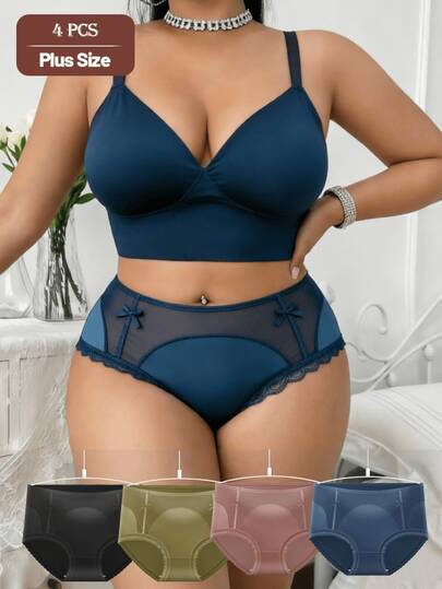 4 piezas de bragas para mujer talla grande, encaje sin presión, cómodas de cintura media, satén y malla, surtido de 4 colores