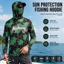 Men's Green Camouflage Hooded Fishing Shirt With Face Mask, Long Sleeve Sun Protection Top Sports Fall - Green - View 3
