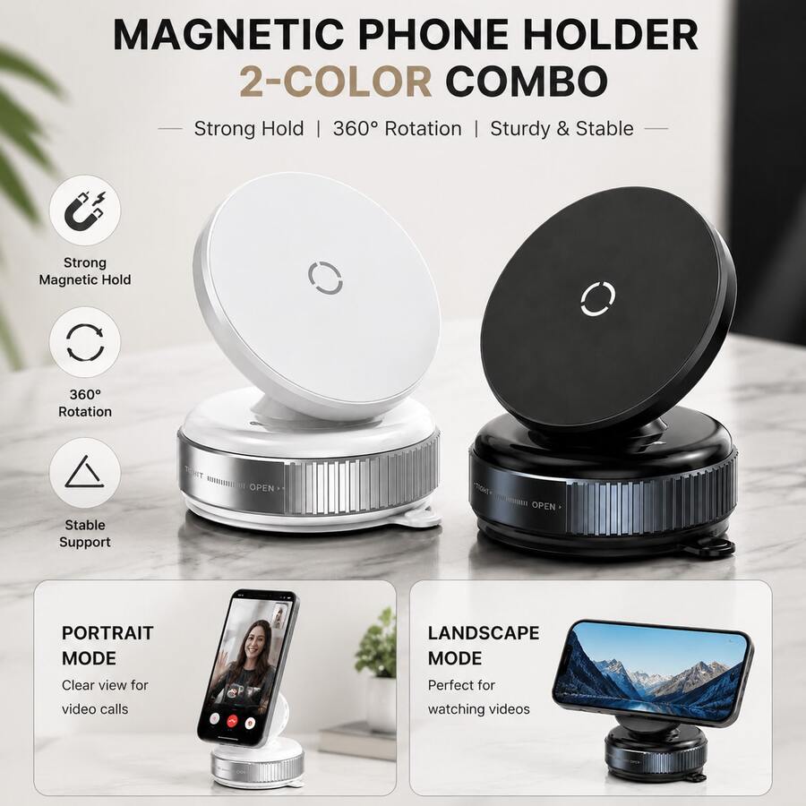 Car Phone Holder, A Vacuum Suction Cup Phone Holder Rotates 360°, Featuring A Magnetic Double-Sided Suction Cup, No Adhesive, Retractable And Foldable, Suitable For Both Car And Home Use, Providing Optimal Magnetic Ring Performance, , Car Accessories - 白色和黑色 - 查看 1