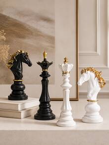 現代象棋棋子雕像，金色點綴，優雅國王與騎士雕塑，適合客廳咖啡桌、豪華居家辦公室桌面裝飾，極簡黑白小雕像，適用書架與玄關造型 - B - 查看 6