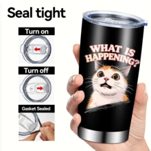 1pc/5pcs 20oz Surprised Cat Gift Insulated Coffee Mug, Funny Text Cartoon Cat Print Vacuum Insulated Travel Cup, Suitable For Cat Lovers, Daily Holiday Gift, Funny Birthday Gift For Boyfriend/Girlfriend, Iced Coffee, Juice, Oatmeal - Black - What Happened? - View 5