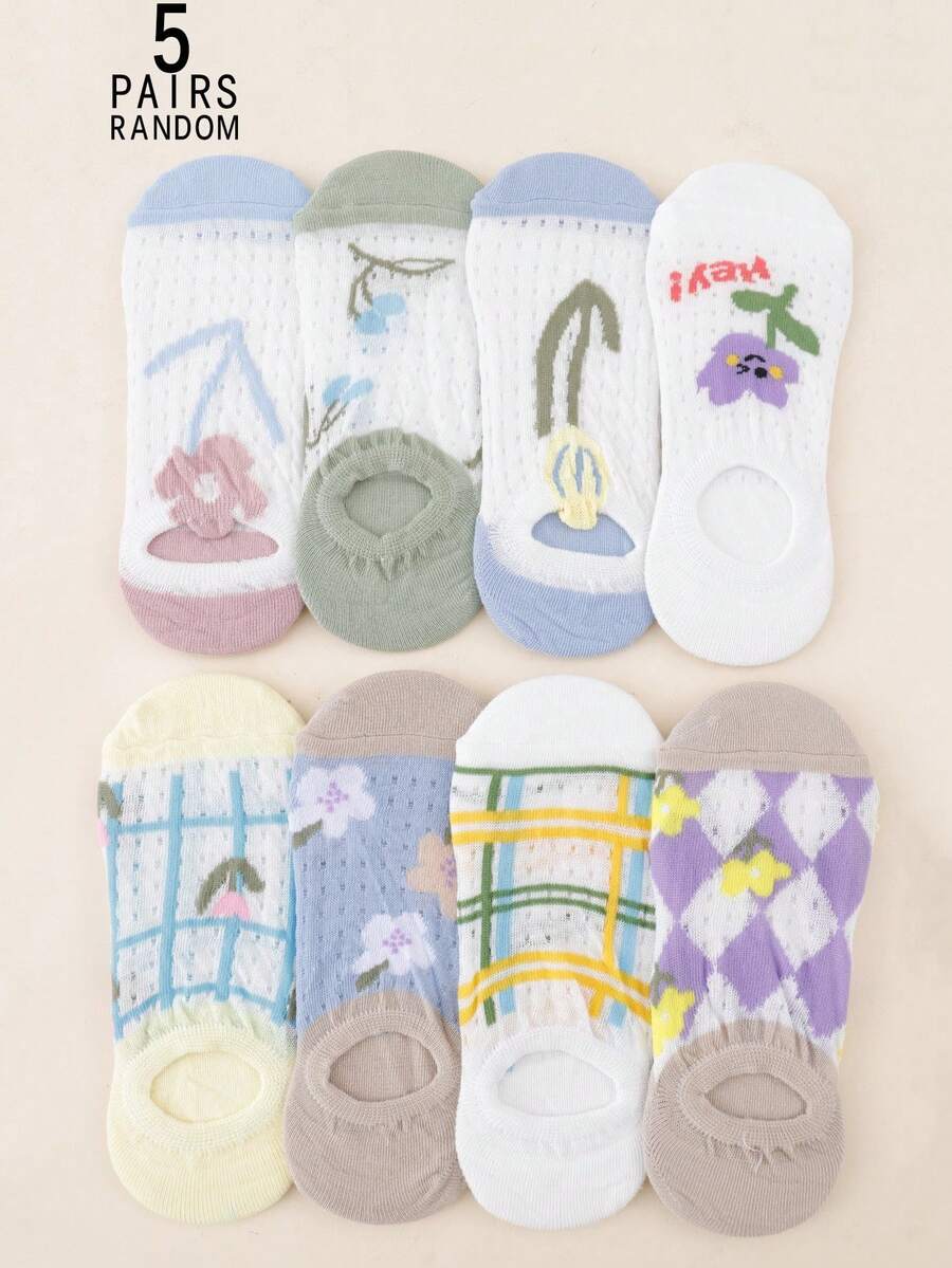 5 Pairs Random Color Women's Cute Floral Print Low-Cut Invisible Boat Socks - Multicolor - View 1