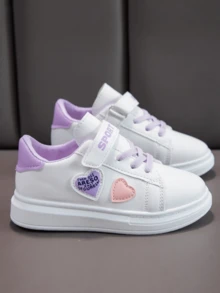 Girls' Heart Design White Sneakers, Spring/Autumn New Purple & Pink Color Block Hook & Loop Strap Board Shoes, Soft Sole Non-Slip Casual Sports Shoes For School - Mauve Purple - View 5